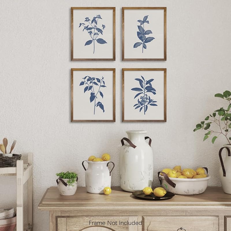 French Country Minimalist Plant Wall Decor - Blue Botanical Sketch Drawing Etching Wall Art - Farmhouse Leaf Poster Kitchen - Beige Neutral Vintage Flower Print Picture - Antique Minimal Blue Floral