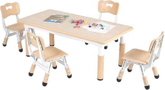 Arlopu Kids Table and 4 Chair Set, Height Adjustable Toddler Table and Chair Set, Non-Slip Legs, Graffiti Desktop, Large Children Activity Table, Reading Daycare Classroom Home (Beige)