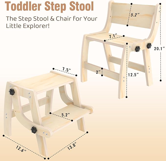 Toddler Step Stool, 2 in 1 Folding Step Stool for Kids, Toddler Stool for Bathroom Sink & Potty Training, Wooden Step Stools w Non Slip Base for Kitchen, Bedroom, Turns into Kids Chair