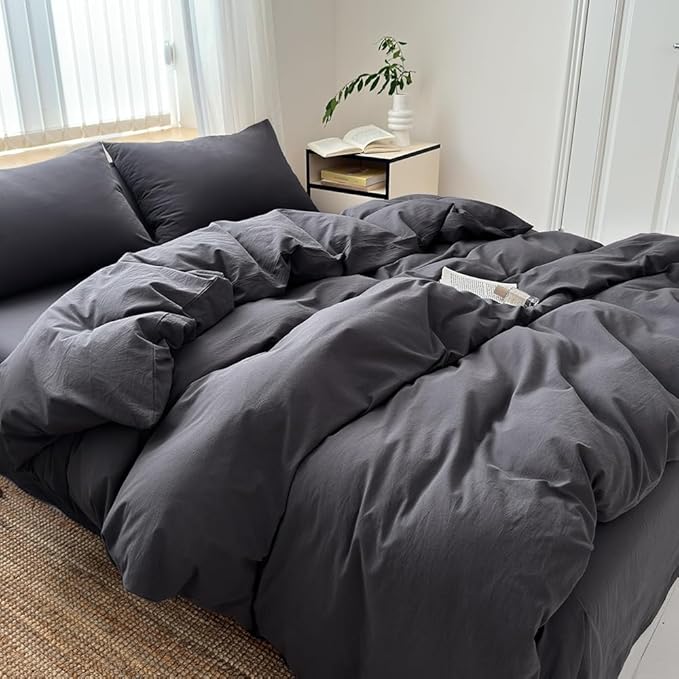 FACE TWO FACE Bedding Duvet Cover Set100% Washed Cotton Duvet Cover Linen Like Textured Breathable Durable Soft Comfy (California King, Volcanic Black)
