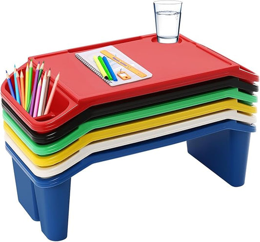 Kids Lap Desk Tray Set of 6, Portable Activity Table, Plastic Stackable Tray for Drawing, Writing, Eating, Classroom, 19.69" L x 9.84" W x 7.09" H, Red + Green + Blue + Yellow + Black + White