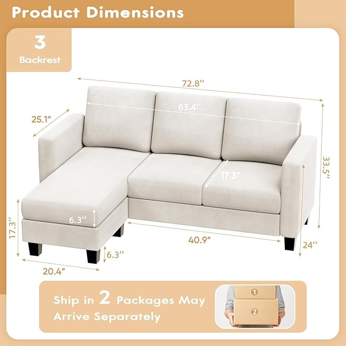 VICTONE Convertible Sectional Sofa Couch, 3 Seat L-Shaped Sofa with Linen Fabric Ottoman Small Couch for Small Apartments, Living Room and Office (Linen Fabric, White)