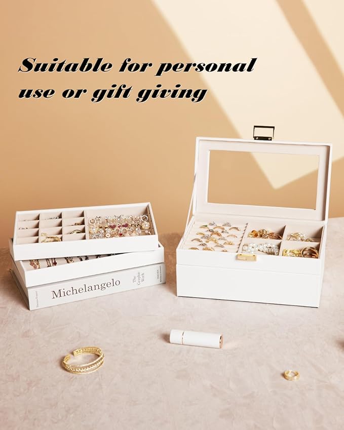 Homde Jewelry Tray Stackable Jewelry Box Drawer Organizer with Glass Lid, Removable Dividers for Vanity Table Gift Idea for Girls and Women (White)