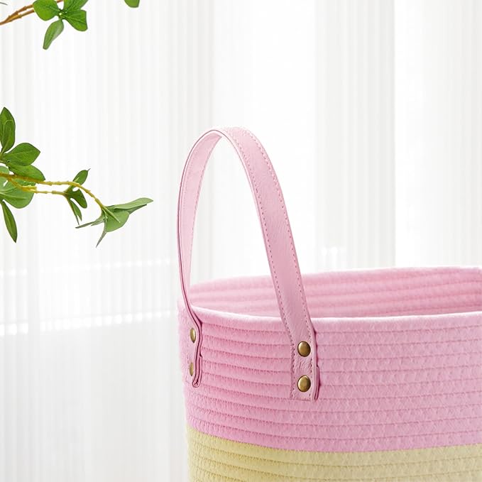 VIPOSCO Tall Laundry Basket, Large Dirty Clothes Hamper with Leather Handle, Woven Rope Storage Basket for Blanket, Toy In Living Room, Bathroom, Bedroom - 72L Rainbow