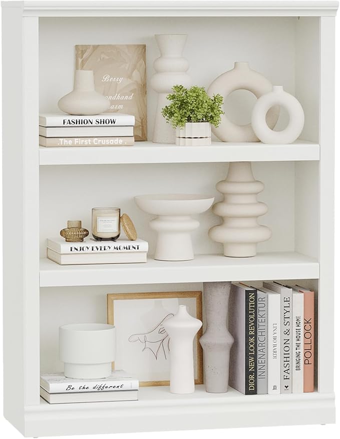 blini 3-Shelf Bookcase White Wooden Bookshelves 33in Wide Floor Standing Display Storage Book Shelves Tall Bookcase for Home Office, Living Room, Bedroom