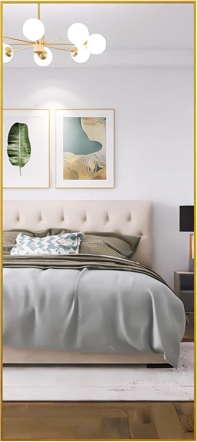 Beauty4U 71" x 32" Large Full Length Mirror with Stand, Gold Wall Mounting Full Body Mirror, Metal Frame Full-Length Tempered Mirror for Living Room, Bedroom