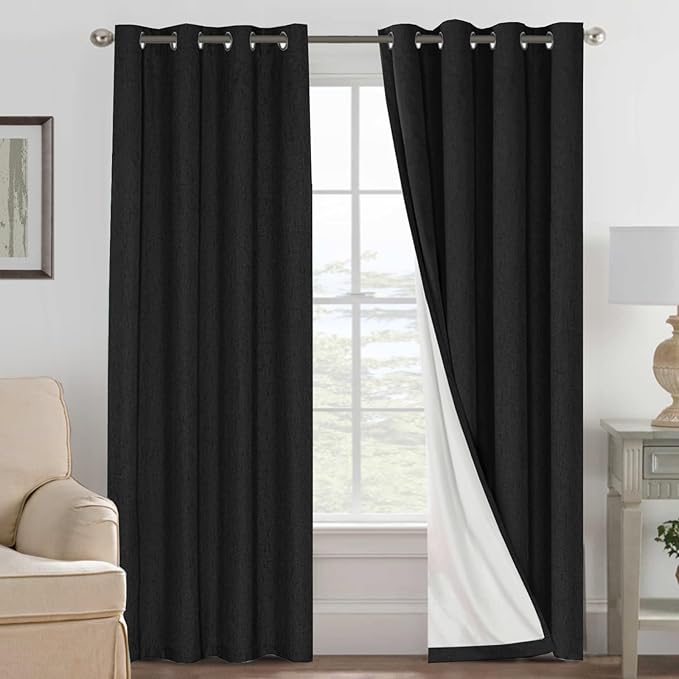 H.VERSAILTEX Linen Blackout Curtains 108 Inches Long 100% Blackout Thermal Insulated Textured Linen Look Curtain Draperies Anti-Rust Grommet, Energy Saving with White Liner, 2 Panels, Black
