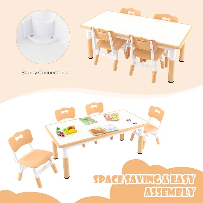 HONEY JOY Kids Table and Chair Set, Height Adjustable Children Activity Table and 4 Chairs Set w/Erasable Graffiti Desktop, Toddler Table and Chair Set for Daycare, Classroom, Home (Natural)
