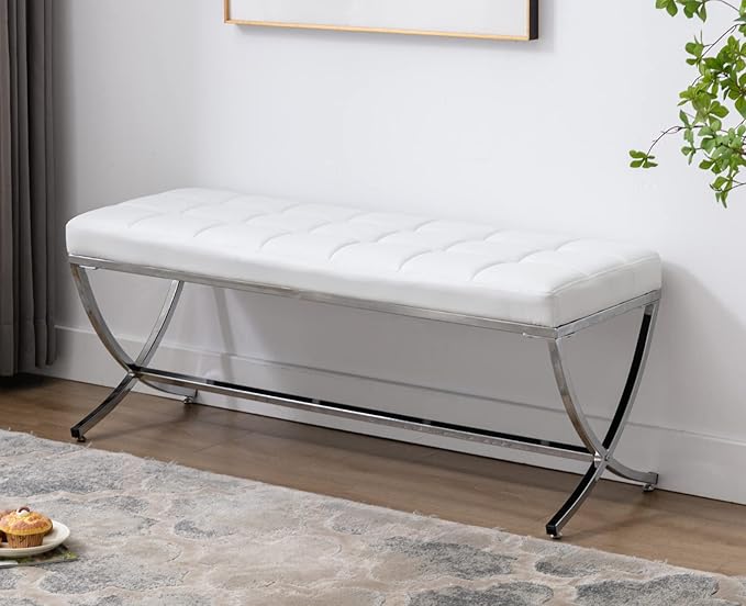 EALSON Modern Entryway Bench Leather Upholstered Dining Bench with Metal Base Button Tufted Ottoman Bench with Padded Seat Accent Foot Bench for Bedroom End of Bed/Living Room, White