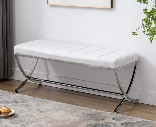 EALSON Modern Entryway Bench Leather Upholstered Dining Bench with Metal Base Button Tufted Ottoman Bench with Padded Seat Accent Foot Bench for Bedroom End of Bed/Living Room, White