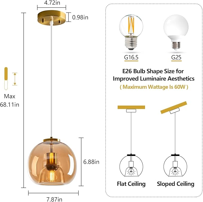 Amber Glass Pendant Lights Kitchen Island Gold Hanging Light Fixture Glass Globe Pendant Light Modern Pendant Lighting for Kitchen Island Bedroom Dining Room (7.87", 2 Pack)