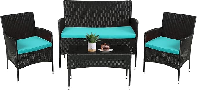 FDW Rattan Furniture Wicker Chair Patio Bristo Set for Outdoor Indoor Use with Loveseats Coffee Table,Blue Cushion, 4-Pieces