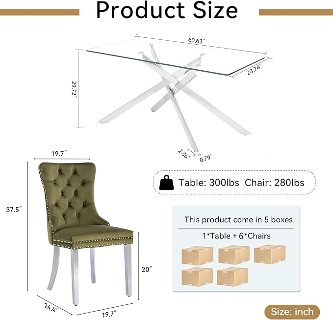Goujxcy Glass Dining Table Set for 6, Modern Kitchen Table and Chairs Set of 6, 7-Piece Kitchen Dining Room Table Set w/61 Glass Silver Dining Table and 6 Green Velvet Upholstered Chairs
