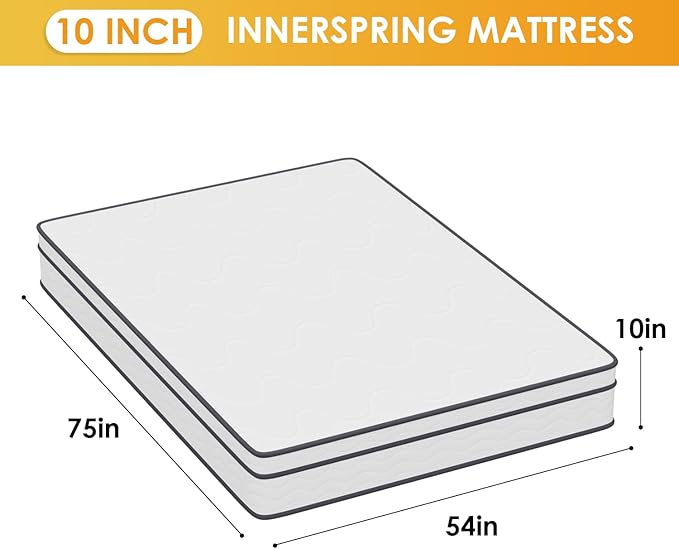 PayLessHere 10 Inch Innerspring Full Mattress Medium Firm Hybrid Mattress with Removable Cover CertiPUR-US Certified Bed-in-a-Box Pressure Relief Foam Mattress,White