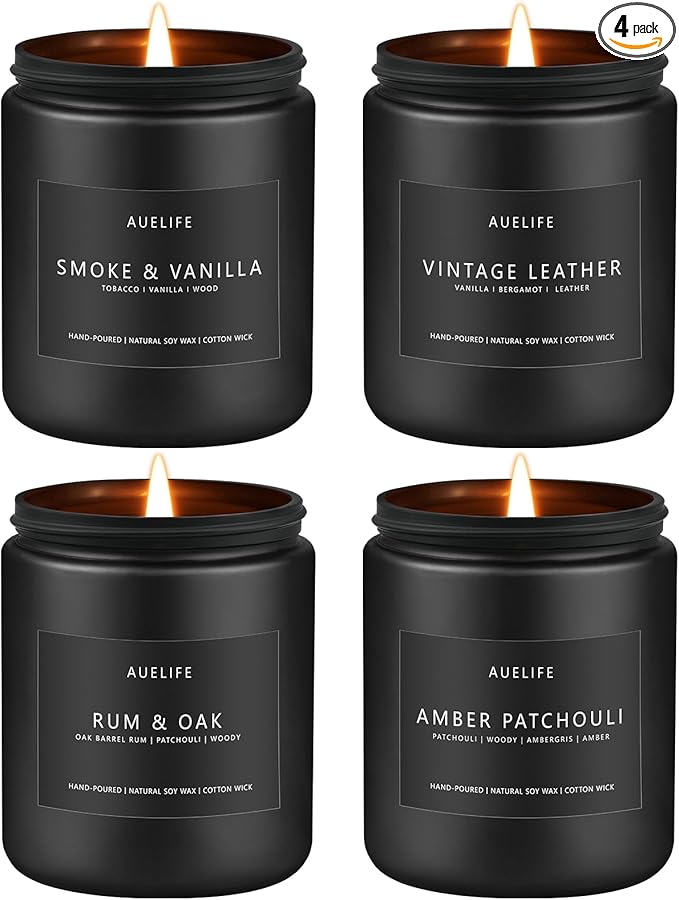 Scented Candles Set | Men Candle Set, 4 Pack Candles for Home, Gifts for Men - Aromatherapy Gifts for Dad Fathers Day, Soy Candle Scent of Smoke & Vanilla/Rum Oak/Vintage Leather/Amber Patchouli