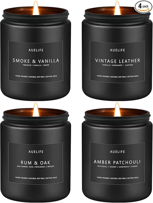 Scented Candles Set | Men Candle Set, 4 Pack Candles for Home, Gifts for Men - Aromatherapy Gifts for Dad Fathers Day, Soy Candle Scent of Smoke & Vanilla/Rum Oak/Vintage Leather/Amber Patchouli