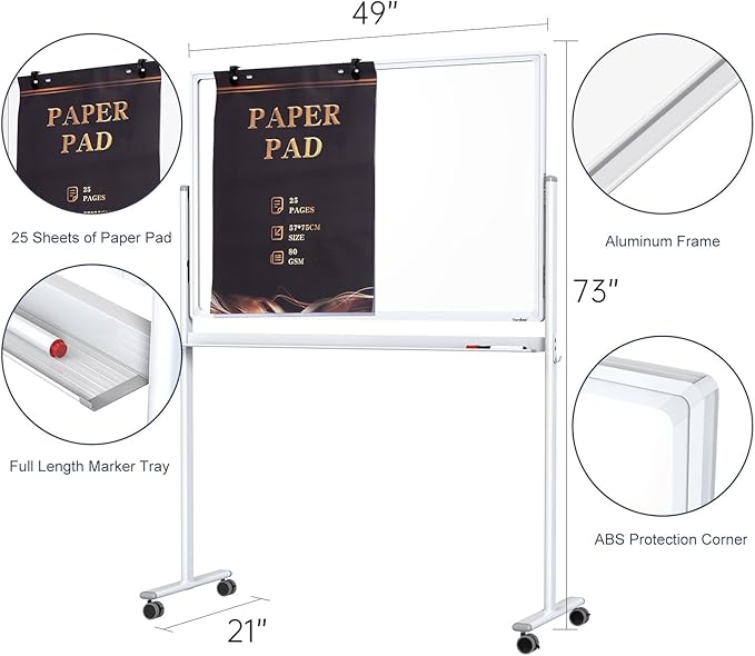 Mobile Clear Glass Whiteboard, 48 x 32 Inches Standing White Board on Wheels, Large Rolling Dry Erase Board with Stand, Transparent Tempered Glass Board for Office Home School, with Chart Paper