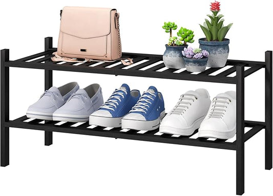 2-Tier Black Bamboo Shoe Rack for Entryway, Stackable | Foldable | Natural, Shoe Shelf Storage Organizer for Hallway Closet, Free Standing Shoe Racks for Indoor Outdoor