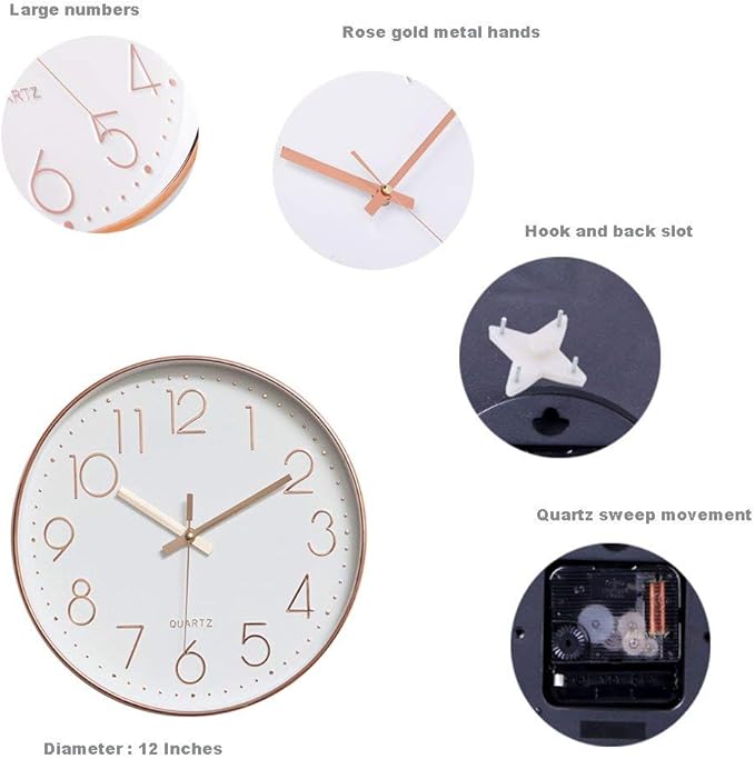 jomparis 12 Inch Battery Operated Silent Non-Ticking Wall Clock, Quality Quartz Sweep Rose Gold Wall Clock for Home Bedroom School