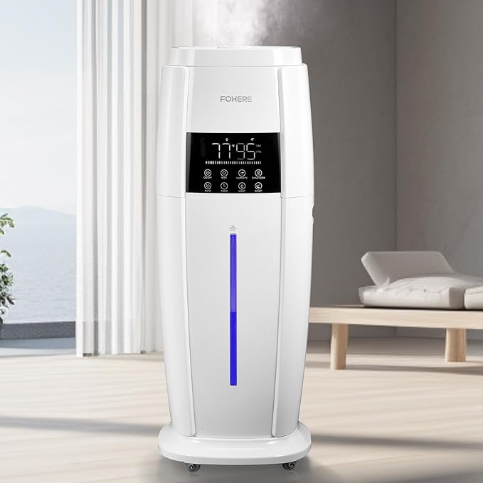 FOHERE 4.8Gal/18L Humidifier Large Room, Easy Top Fill Cool Mist Tower Humidifiers Quiet for Home, Indoor Plant, Commercial, Whole House Cover up to 1500ft², with Smart Humidity Sensor, Remote, White