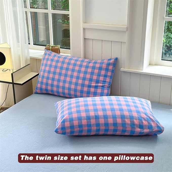 FACE TWO FACE Bedding Duvet Cover Set100% Washed Cotton Duvet Cover Linen Like Textured Breathable Durable Soft Comfy (Twin, Blue Purple Grid)