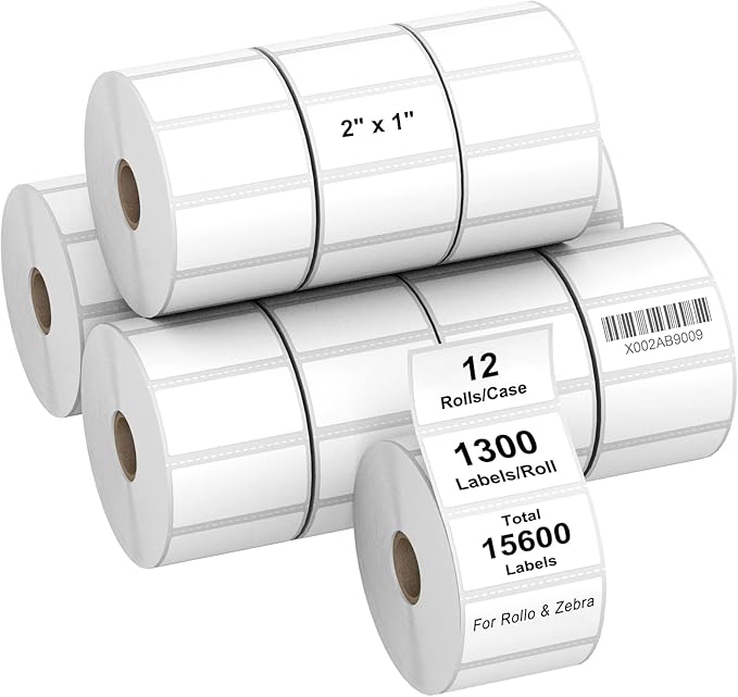 AveneMark 12 Rolls 2" x 1" Direct Thermal Labels for Barcodes Postage Address Shipping Labels Compatible with Rollo & Zebra Desktop Printers Adhesive - 1300 Labels/Roll