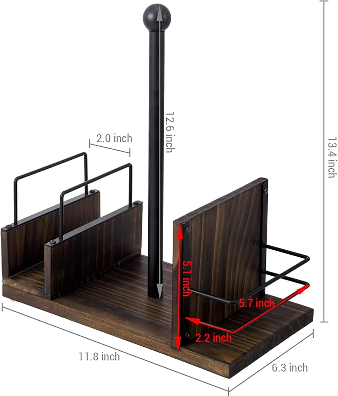 MyGift Rustic Burnt Solid Wood and Industrial Matte Black Metal Dining Combination Caddy with Paper Towel Roll Dispenser Stand, Napkin Holder, and Spice Rack