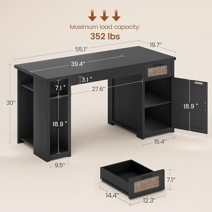 SEDETA 55.1" Rattan Computer Desk with Drawers, Office Desk with Drawers & Storage Cabinet, Farmhouse Home Office Desk with Storage, Wood Writing Desk with Power Outlets for Home Office, Black
