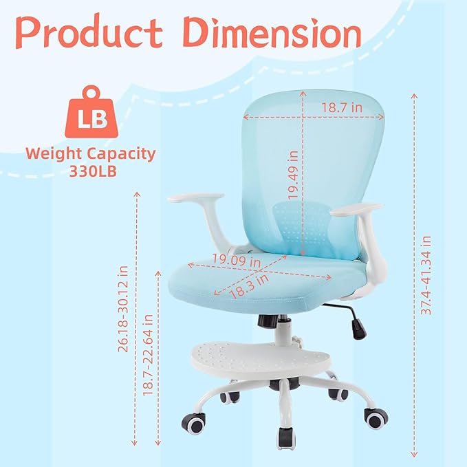 Kids Desk Chair Ergonomic Study Chair Swivel Mesh Desk Chair with Adjustable Arm Height Footrest Wheel Computer Home Office Chair for Children Boys Girls Students Bedroom School Age 5-13 Pink