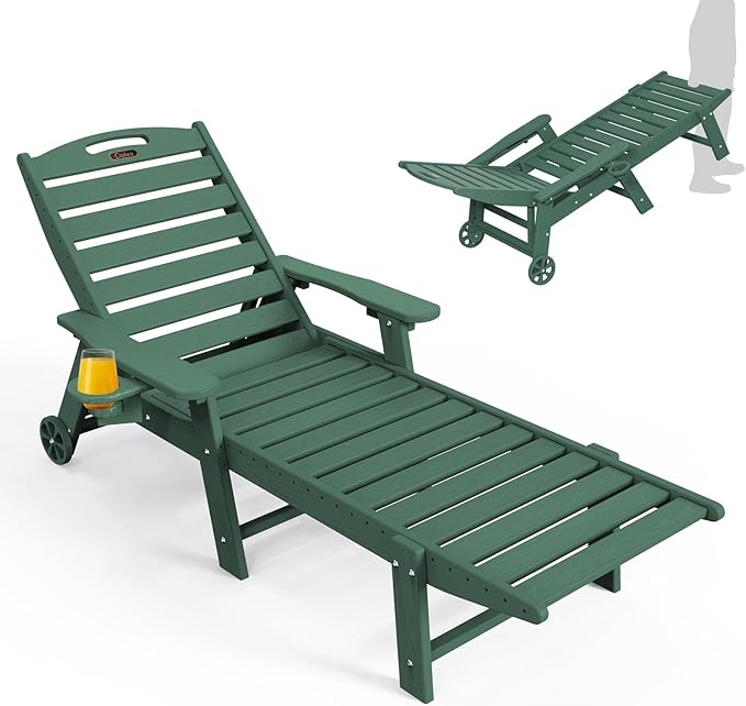 Ciokea Lounge Chair Outdoor, Oversized Chaise Lounge Chair with 5 Positions, HDPE, Patio Lounge Chair with Wheels & Cup Holder for Pool, Deck, Poolside, Green