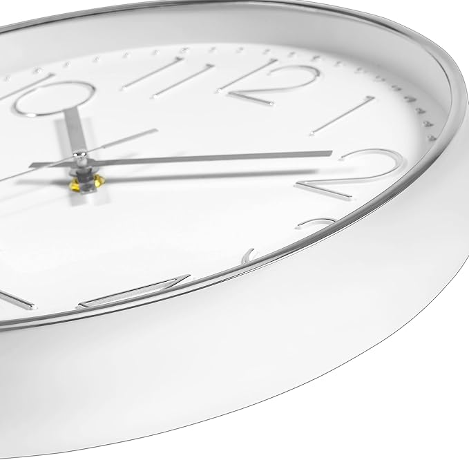 Foxtop Silver Wall Clock Silent Non-Ticking Battery Operated Round Modern Wall Clock for Office School Home Living Room Bedroom Bathroom Kitchen Decor 12 inch