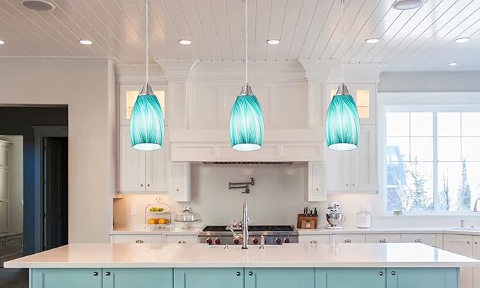 Mini Art Glass Pendant Lights Kitchen Island,Handcrafted Teal with Gold Glass Ceiling Pendant Lighting Brushed Nickel Adjustable Cord Hanging Lamp Cover for Coffe Bar,Dining Room 3pack