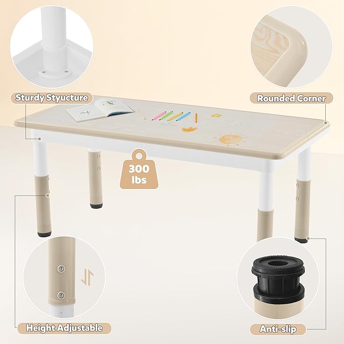 Adjustable Kids Table Chairs Set – Graffiti Desktop, Multi-Activity Height-Adjustable Toddler Study Desk for Ages 3-8 – Ideal for Home, Classroom, Daycare (W-Wood, 4 Chairs-47.2" L x 23.6" W)