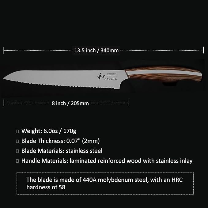 NAGOMI] 8 inch Serrated Bread Knife, Stainless Steel HRC58 Ultra-sharp Serrated Blade Bread Knife For Homemade Bread | Black Stylish Gift Box
