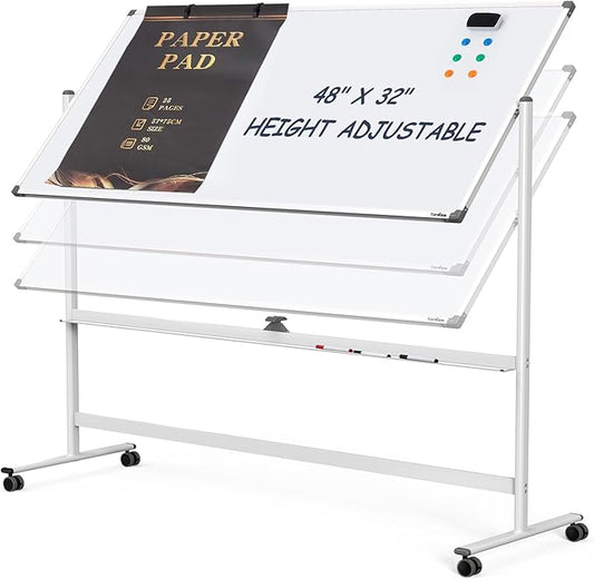 Dry Erase Whiteboard Easel on Wheels - TANKEE 48" x 32" Large Double Sided Mobile Whiteboard, Reversible Magnetic Rolling White Board for Home Office Classroom, Flip Chart Holders and Paper Pad