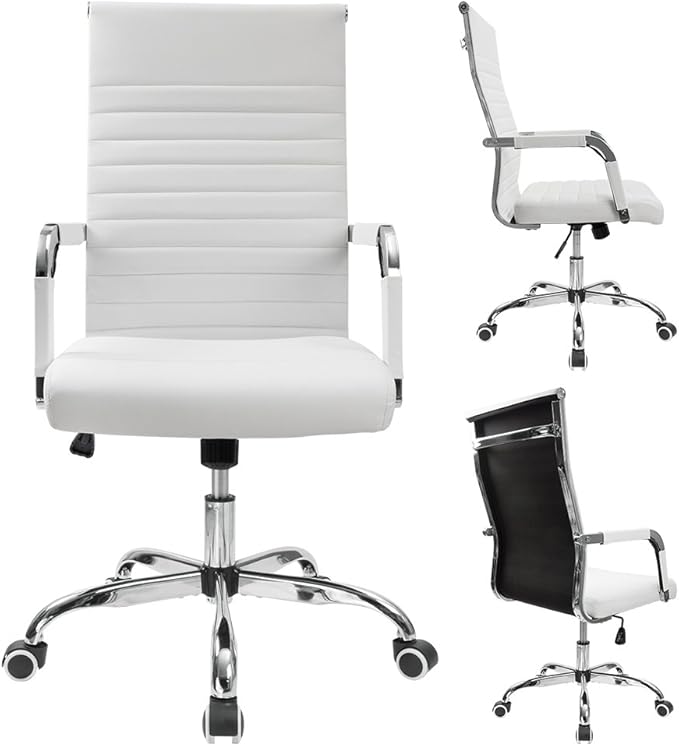 Furmax Ribbed Office Desk Chair Mid-Back PU Leather Executive Conference Task Chair Adjustable Swivel Chair with Arms (White)
