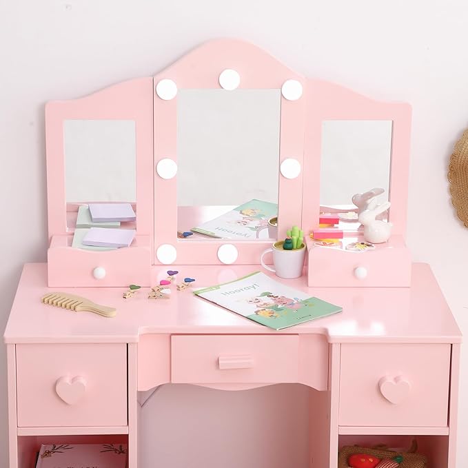 Kids Vanity Set With Mirror, 2 in-1 Wooden Toddler Vanity Table With Stool, Tri-Folding Mirror & Drawer, Princess Pretend Play Makeup Vanity Princess Makeup Desk Dressing Table for Little Girls