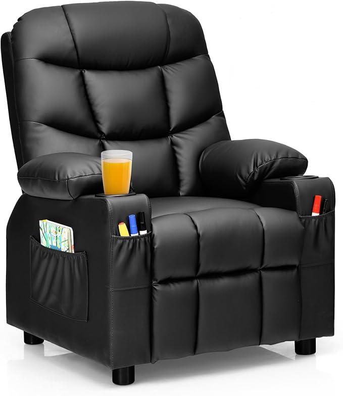 Kids Recliner, Kids Recliner Chair w/ 2 Cup Holders, PU Leather Kids Chairs Compy w/Adjustable Backrest & 3 Pockets, Toddler Furniture Sofa for Boys Girls Aged 3+ (Black)