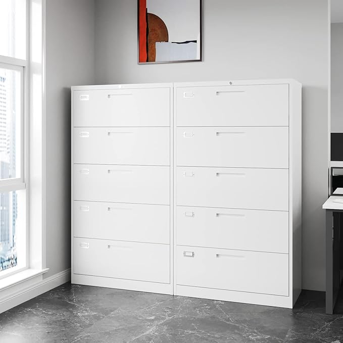 Lateral File Cabinet with 5 Drawers - White Metal Steel Filling Cabinets for Home Office - Lockable Storage Cabinet for Hanging Files Letter/Legal/F4/A4 Size-Assembly Required