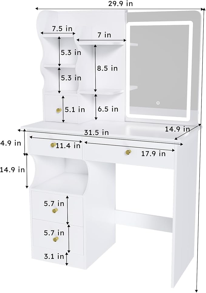 Casaphoria White Makeup Vanity Desk with Hidden Mirror, 31.5 Inch Dressing Table with 5 Drawers, 3 Color Adjustable LED Lights, No Stool Included