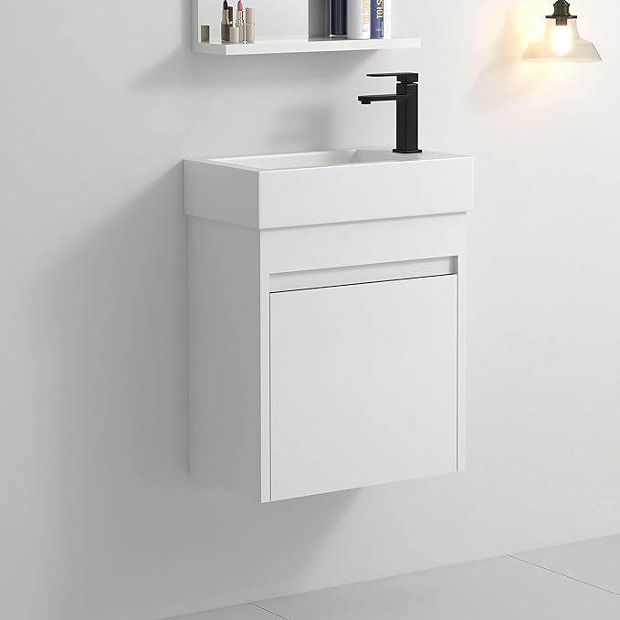 Goujxcy 18" Wall Mounted Bathroom Vanity with Sink, Modern Floating Bathroom Cabinet with White Resin Wash Basin & Storage Cabinet, Soft-Close Door Wood Hanging Bath Room Cabinet