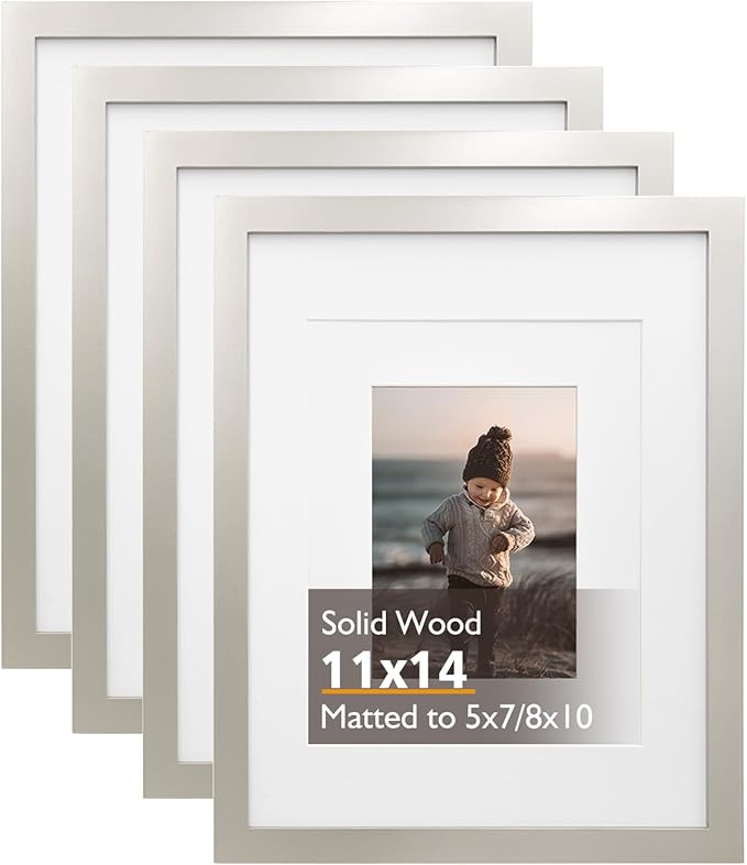 KINLINK 11x14 Picture Frame Light Grey, Solid Wood Frames with Acrylic Plexiglass for Pictures 5x7/8x10 with Mat or 11x14 without Mat,Tabletop and Wall Display Set of 4