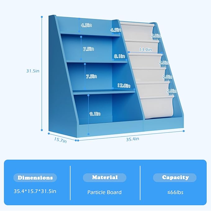 Blue 4 Tier Kids Wooden Bookshelf,Five Layer Sling Bookcase,Baby Storage Book Rack,Child Book and Toy Organizer Cabinet Chest,Toddler Book Display Playroom Kids Room Bedroom Classroom Nursery Library
