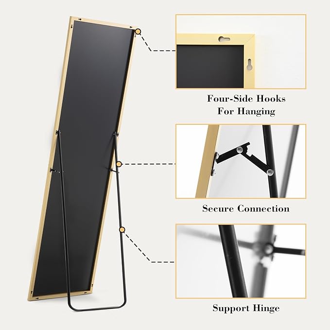 OLIXIS Full Length Mirror 59"x16" for Bedroom, Full Body Mirror with Stand, Hanging or Leaning for Wall, Aluminum Alloy Thin Frame Floor Standing for Living Room, Long, Classical Gold