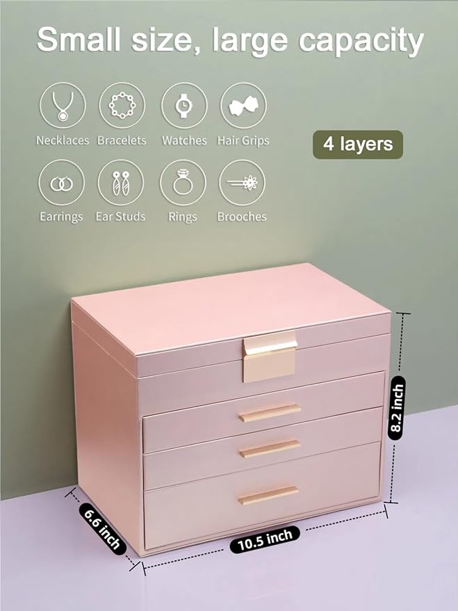 BOOVO Jewelry Boxes for Women, 5 Layer Jewelry Organizer with Necklace Hanger and Drawers, Large Jewelry Box for Earrings, Necklace and Bracelet Storage Gifts for Women and Girls (Rose Gold, 5 Layer)