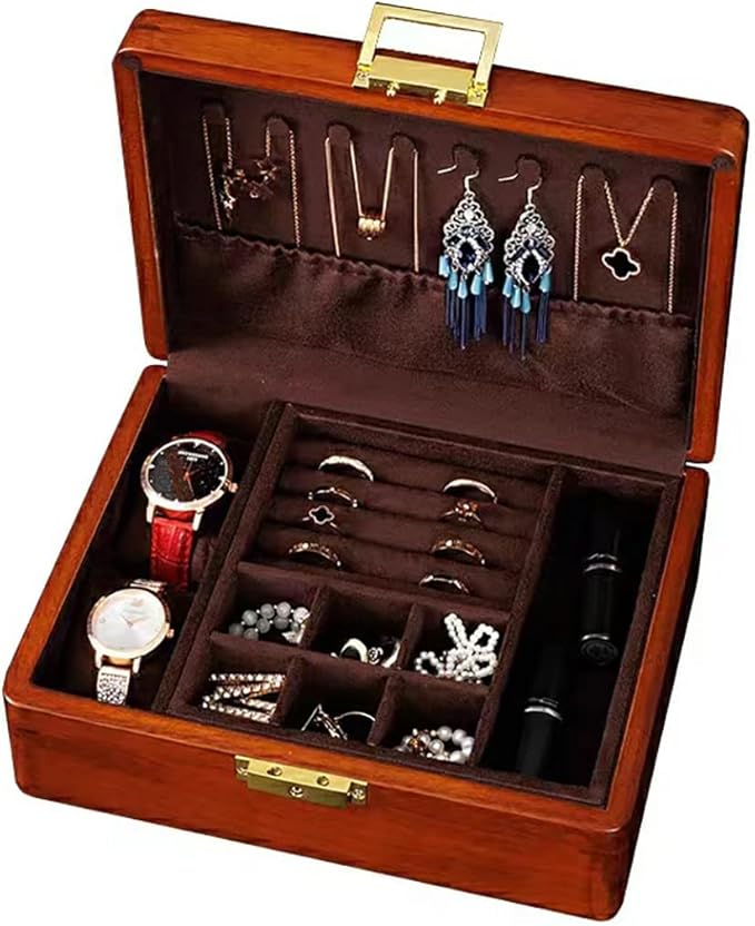 Bescott 2 Layer Solid Wooden Jewelry Box with Lock and Key for Women Men Vintage Velvet Wood Jewelry Organizer Storage for Earrings Rings Necklaces Bracelet Watch Mother’s Day Gift