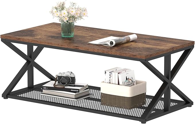 IBF Rustic Brown Coffee Table with Storage, Farmhouse Wood Metal Rectangle Living Room Table, Industrial Middle Center Table with Mesh Shelf, Rustic Brown,47 in