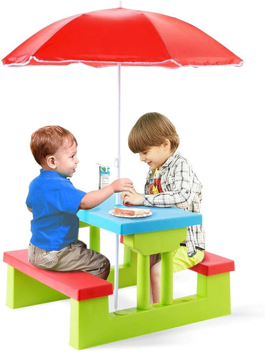HONEY JOY Kids Picnic Table, Toddler Plastic Outdoor Table & Bench Set with Umbrella, Children Patio Furniture Set for Backyard Garden, Kids Picnic Tables for Outdoors, Gift for Boys Girls Age 3+