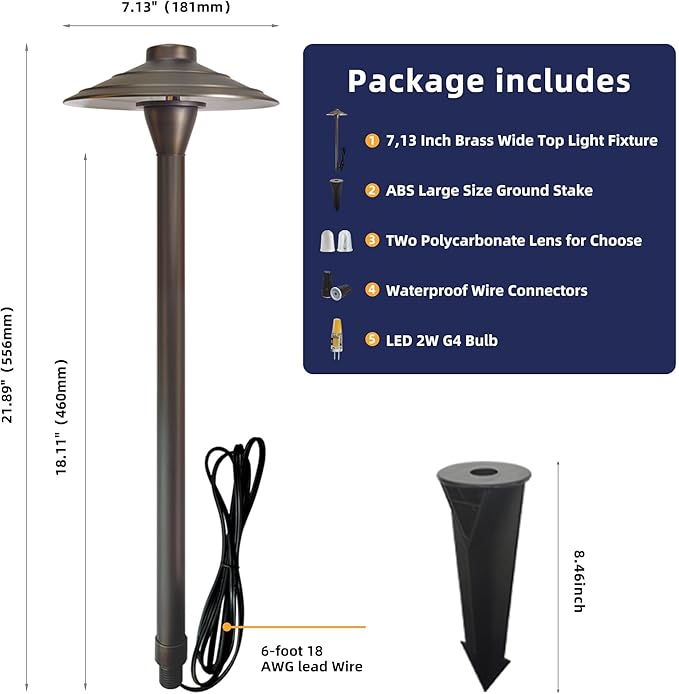 Solid Cast Brass Pathway Lights, 12V Low Voltage Landscape Lighting LED Path Lights with G4 Bulb for Outdoor Walkway, Garden, 23" Tall, 7.5" Shade