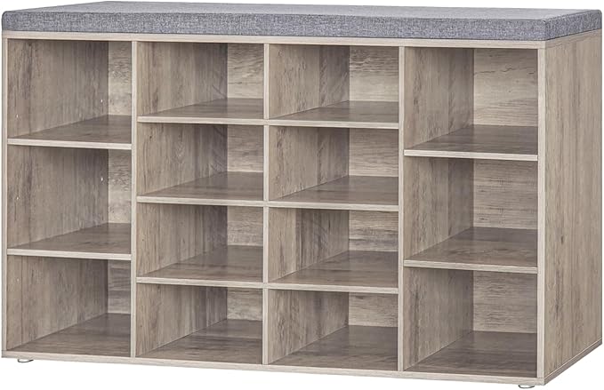 DINZI LVJ Shoe Storage Bench with Cushion, 14-Cubby Shoe Rack, Adjustable Shelves, Multifunctional Shoe Organizer Bench for Entryway, Mudroom, Hallway, Living Room, Bedroom and Garage, Greige